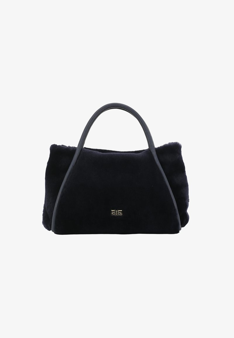 Navy blue fur handbag with a structured shape, featuring smooth leather handles and a metallic logo accent on the front.
