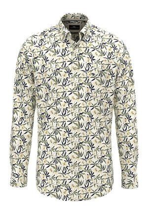 Langärmliges Hemd zum Knöpfen mit cremefarbenem Hintergrund und einem Blumenmuster in Grün-, Marine- und Hellgelbtönen.