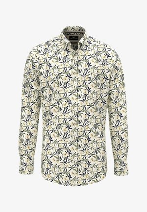Langärmliges Hemd zum Knöpfen mit cremefarbenem Hintergrund und einem Blumenmuster in Grün-, Marine- und Hellgelbtönen.