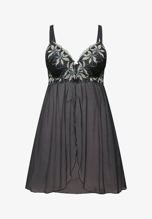 Mustasta pitsisestä yöpuvusta, jossa on brodeeratut kukkakuviot, läpinäkyvä kangas, säädettävät olkaimet ja vyötärönauha istuvuuden säätämiseksi.