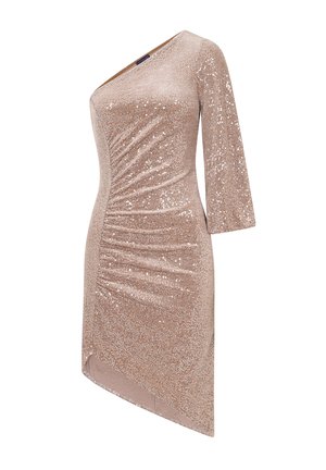 Tento jednoramenný šaty v jemnej béžovej farbe sú ozdobené flitrami; majú zhlúčený pás a asymetrický lem. Povrch je hladký po celú dobu.