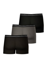 Trois paires de boxeurs pour hommes en noir. Une version unie, une à pois, et une avec des petits triangles. Présente une ceinture de marque.