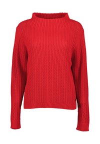 Maglione rosso lavorato a maglia con collo alto, texture a costine, maniche lunghe e motivo a punto aperto. L'orlo si ferma in vita.
