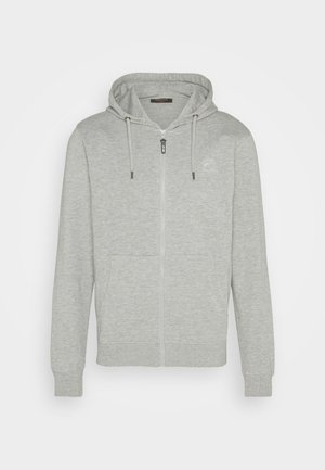 Lichtgrijze rits-hoodie van zachte stof, met een verstelbare capuchon, voorzakken en ribgebreide mouwen en zoom. Eenvoudig logo detail op de borst.