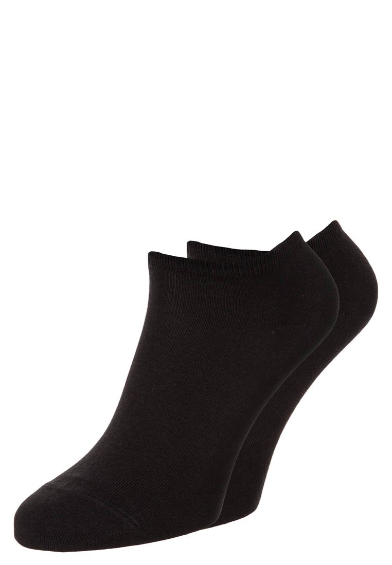 Schwarze Knöchelsocken aus einem glatten, dehnbarem Material mit einem gerippten Bündchen, das ein tief ausgeschnittenes Design und eine nahtlose Zehenkonstruktion aufweist.