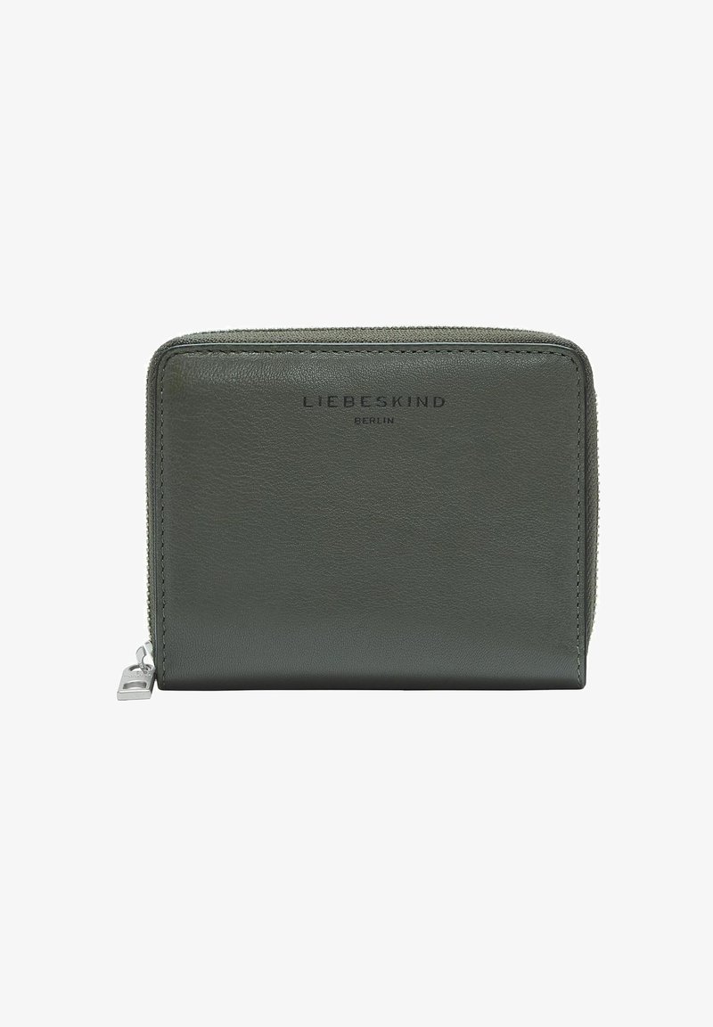 Leather wallet in dark green featuring a textured surface, zip closure, and logo "LIEBESKIND BERLIN" embossed on the front.