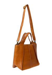 Sac à main en cuir tan avec un design structuré, présentant des poignées doubles et une bandoulière amovible. Coutures visibles sur les côtés.