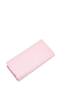 Pink leather wallet, rectangular shape, smooth texture, stitched edges, slim design. Folded with no visible hardware or patterns.