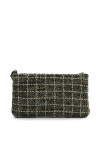 Borsetta intrecciata a quadri verdi con superficie testurizzata e chiusura con cerniera. Presenta metalleria scura e una forma rettangolare compatta.