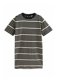 Camiseta de manga corta hecha de una tela suave, con franjas horizontales alternas en negro y color crema y un cuello redondo negro sólido.