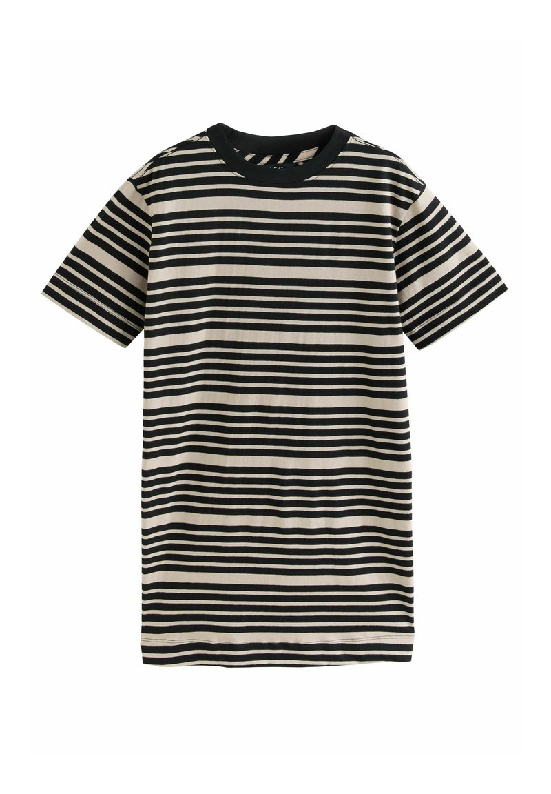 Camiseta de manga corta hecha de una tela suave, con franjas horizontales alternas en negro y color crema y un cuello redondo negro sólido.