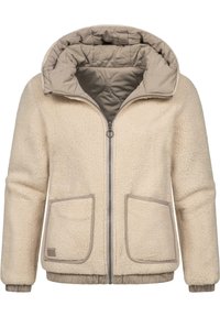 Beige fleecejacka med en quiltad, beige-fodrad huva, framdragkedja och två framfickor; elastiska ärmslut och nederkant med kontrasterande detaljer.