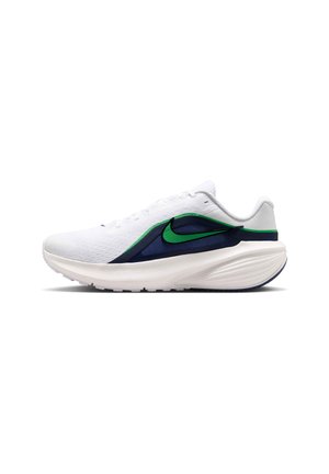 Weißer Laufschuh mit grünen und dunkelblauen Akzenten, grünem Nike-Swoosh-Logo und dicker gepolsterter Sohle, seitlich dargestellt.