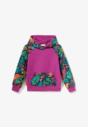 Fioletowa dziecięca bluza z kapturem z rękawami, podszewką kaptura i przednią kieszenią w tropikalny wzór liści, w kolorach zielonym, pomarańczowym, żółtym i różowym.