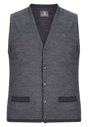 Dunkelgraue Strickweste mit strukturiertem Muster, V-Ausschnitt, fünf Knöpfen auf der Vorderseite und zwei Taschen vorne.