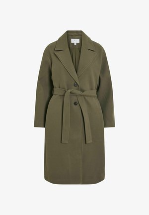 Olive green belted coat made of soft fabric, featuring a lapel collar, two front buttons, and long sleeves with a structured silhouette.