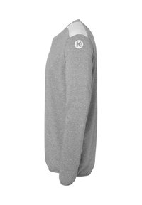 Grijze sweatshirt met lange mouwen, ronde hals en gepatineerde stof. Kenmerkend is een witte schouderaccent en een rond logo dichtbij de schouder.