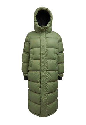 Zelený vypůjčený kabát s dlouhým siluetou, který má kapuci, prošívání a černé akcenty na manžetách. Plné zapínání na předním zipu.