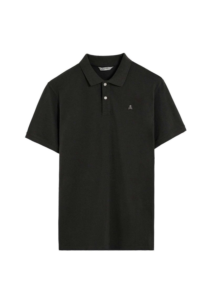 Camisa polo negra de algodón, con un cuello clásico, mangas cortas y un pequeño logo en el pecho. Acabado de tela texturizada.