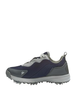 Scarpa sportiva impermeabile blu navy e grigia con suola strutturata, chiusura con lacci e collo imbottito, mostrata in profilo su sfondo bianco.