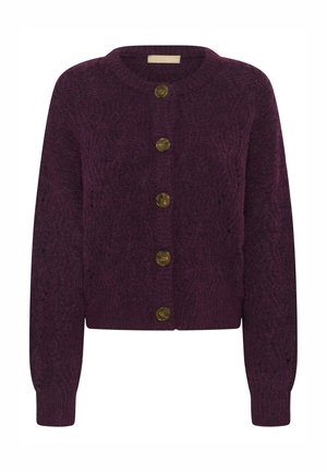 Tiefpurpurfarbener Strickcardigan mit runder Halsausschnitt, fünf goldfarbigen Knöpfen und gerippten Bündchen; weist ein strukturiertes Muster auf.
