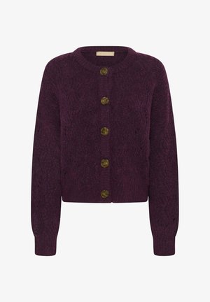 Tiefpurpurfarbener Strickcardigan mit runder Halsausschnitt, fünf goldfarbigen Knöpfen und gerippten Bündchen; weist ein strukturiertes Muster auf.