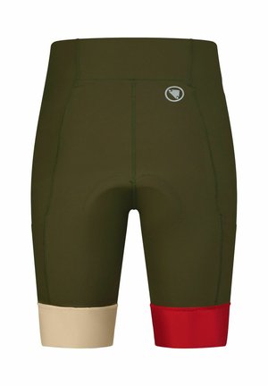 Olijfgroene fietsshorts met een gepolsterde zitting, beige en rode kleurblok zomen, een gladde stofstructuur en versterkte stikseldetails.