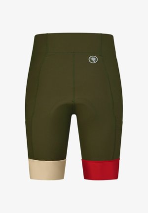 Olijfgroene fietsshorts met een gepolsterde zitting, beige en rode kleurblok zomen, een gladde stofstructuur en versterkte stikseldetails.