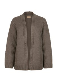 Brauner Strickcardigan mit einem strukturierten Zickzackmuster, offenem Frontbereich, Kabeldetails entlang der Kanten und gerippten Bündchen.