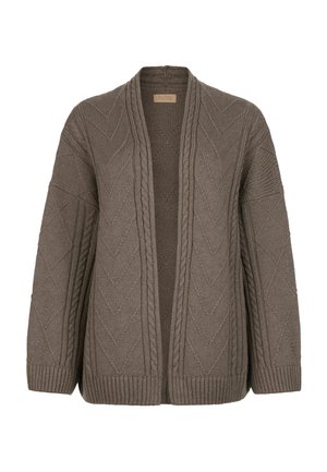 Gebreide cardigan in bruin met een gestructureerd zigzagpatroon, open voorkant, kabeldetails langs de randen en geribbelde manchetten.