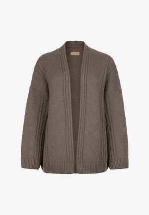 Knitted cardigan in brown with a textured chevron pattern, open front, cable details along the edges, and ribbed cuffs.