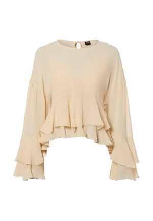 Beige blouse met lange mouwen, ronde halslijn, gelaagde ruches zoom en uitgewaaierde ruches manchetten, gemaakt van lichtgewicht gestructureerde stof.