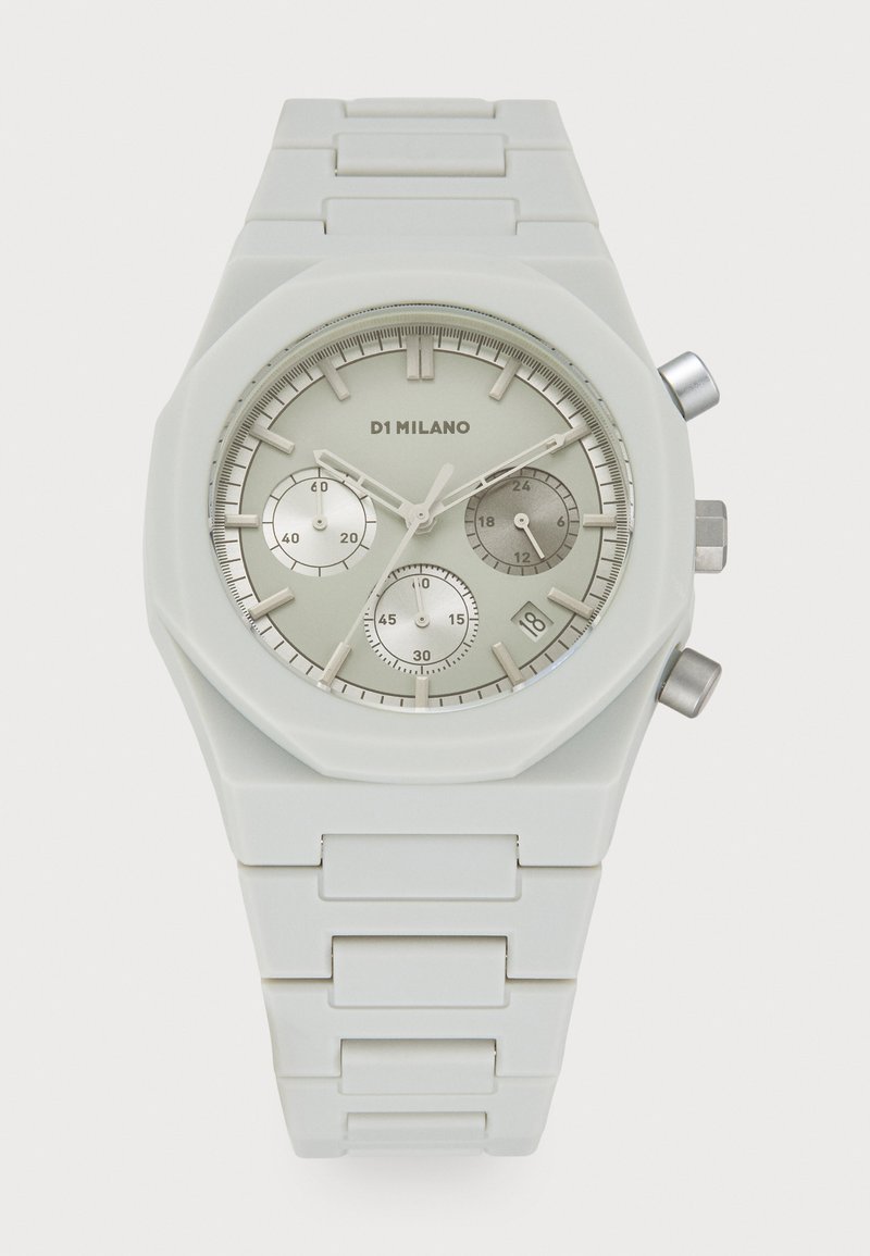 Quartz chronograph watch with a matte white silicone strap, octagonal case, gray dial, silver subdials, and stainless steel accents.
