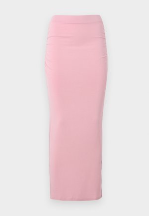 Saia longa e fitted de cor rosa clara, feita de tecido elástico. Apresenta uma textura suave e um franzido subtil de um dos lados. Sem embellishments.