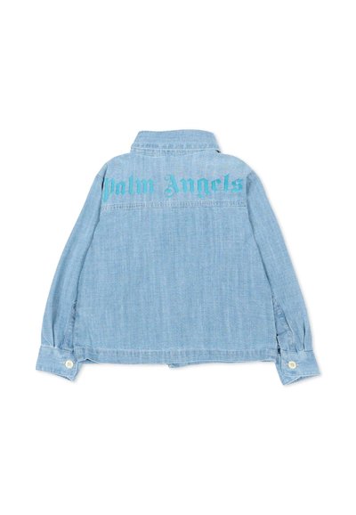 Veste en denim bleu clair vue de dos avec manches longues et "Palm Angels" imprimé en haut du dos en texte bleu assorti.