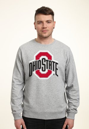 Felpa grigia con un audace logo "Ohio State" in rosso e nero, dotata di polsini e orlo a costine per una vestibilità e una struttura ottimali. Texture liscia.