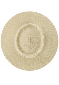 Breiter Hut in einem hellen Cremeton, gefertigt aus gewebtem Material mit einer strukturierten Oberfläche und einem flachen, runden Kronendesign.
