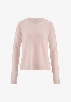 Heller rosa Langarmpullover aus weichem Material, mit Rundhalsausschnitt und lässiger Passform, verfügt über minimale Nähte für ein glattes Erscheinungsbild.