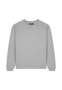 Felpa grigia in misto cotone, con scollo rotondo, maniche lunghe, polsini e orlo a costine, con etichetta "MIRA PARIS" sul collo.