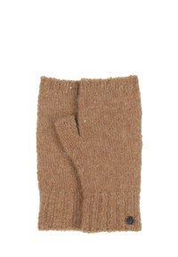 Gants sans doigts en tricot marron avec des poignets côtelés, présentant une texture douce et un petit logo décoratif sur le côté.