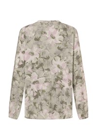 Langärmliges Oberteil in Hellgrün, mit floralem Muster in Rosa- und Grautönen, rundem Halsausschnitt und weicher Stofftextur.