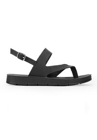 Sandal nera realizzata in materiale liscio con cinturino alla caviglia regolabile, design a bande incrociate, suola piatta e soletta testurizzata.