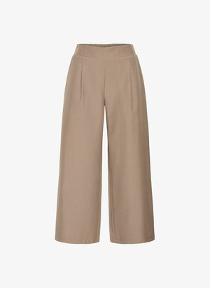 Beigeweit geschnittene Hose mit hoch geschnittenem, elastischem Bund, zwei vorderen Falten und einem glatten, strukturierten Stoff.