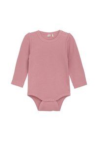 Langärmliger Baby-Bodysuit in Hellrosa, mit gerippter Textur, Rundhalsausschnitt und Druckknöpfen an Schulter und Saum für ein einfaches Ankleiden.