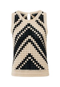 Virkat linne med en chevronmönster i svart och beige. Nyckelhål bakdetalj och texturerad vävd tyg. Ärmlös design.