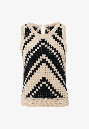Haken top met een chevronpatroon in zwart en beige. Sleutelgatdetail op de rug en gestructureerde geweven stof. Mouwloos ontwerp.