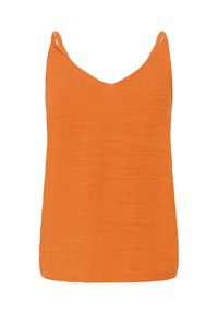 Haut sans manches en tricot orange avec fines bretelles et encolure en V, présenté sur un fond blanc.