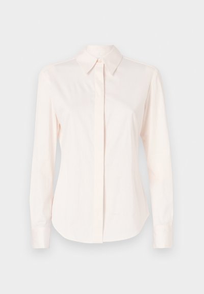 Light pink long-sleeve shirt made from smooth fabric, featuring a classic collar and buttoned placket, with fitted cuffs and a tailored shape.