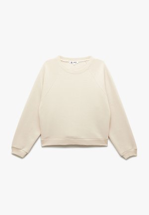 Felpa corta beige con scollo rotondo, maniche raglan, polsini a costine e una texture morbida. Design semplice, senza fantasie o accessori.