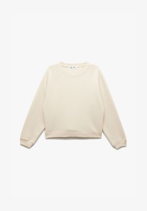 Felpa corta beige con scollo rotondo, maniche raglan, polsini a costine e una texture morbida. Design semplice, senza fantasie o accessori.
